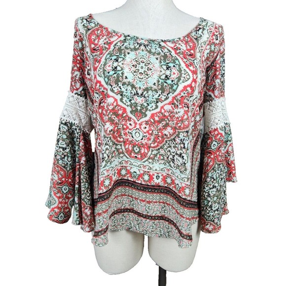 Three Hearts Tops - Three Hearts Boho Paisley Style Flared Sleeve Tunic Top L